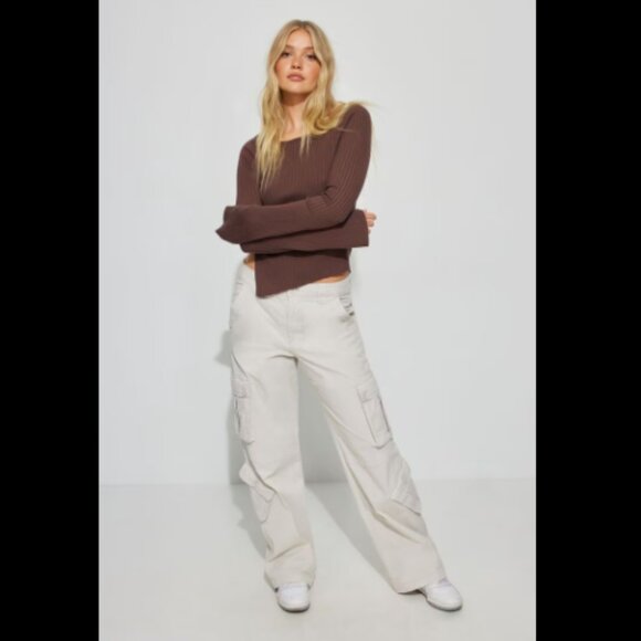 Garage Brown Scoop Neck Ribbed Asymmetric Bodycon Sweater Size Medium Med - Picture 3 of 6